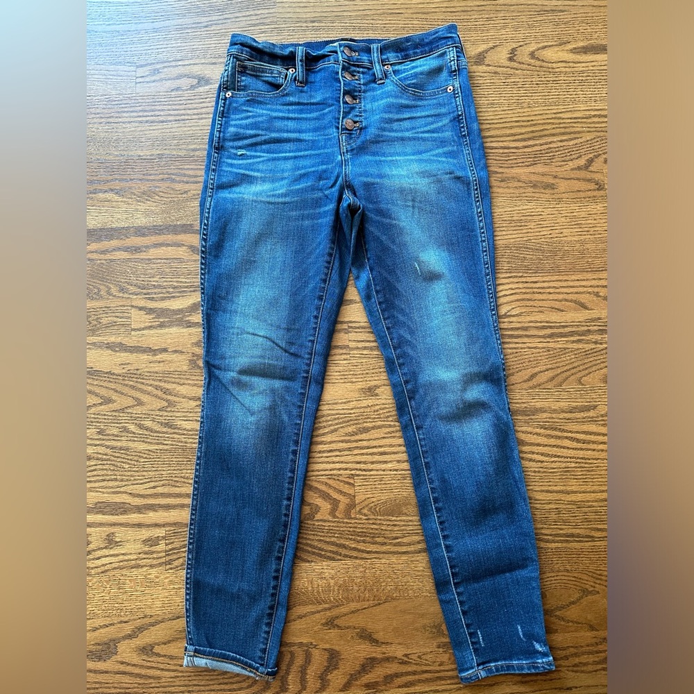 Madewell 10” high rise skinny.